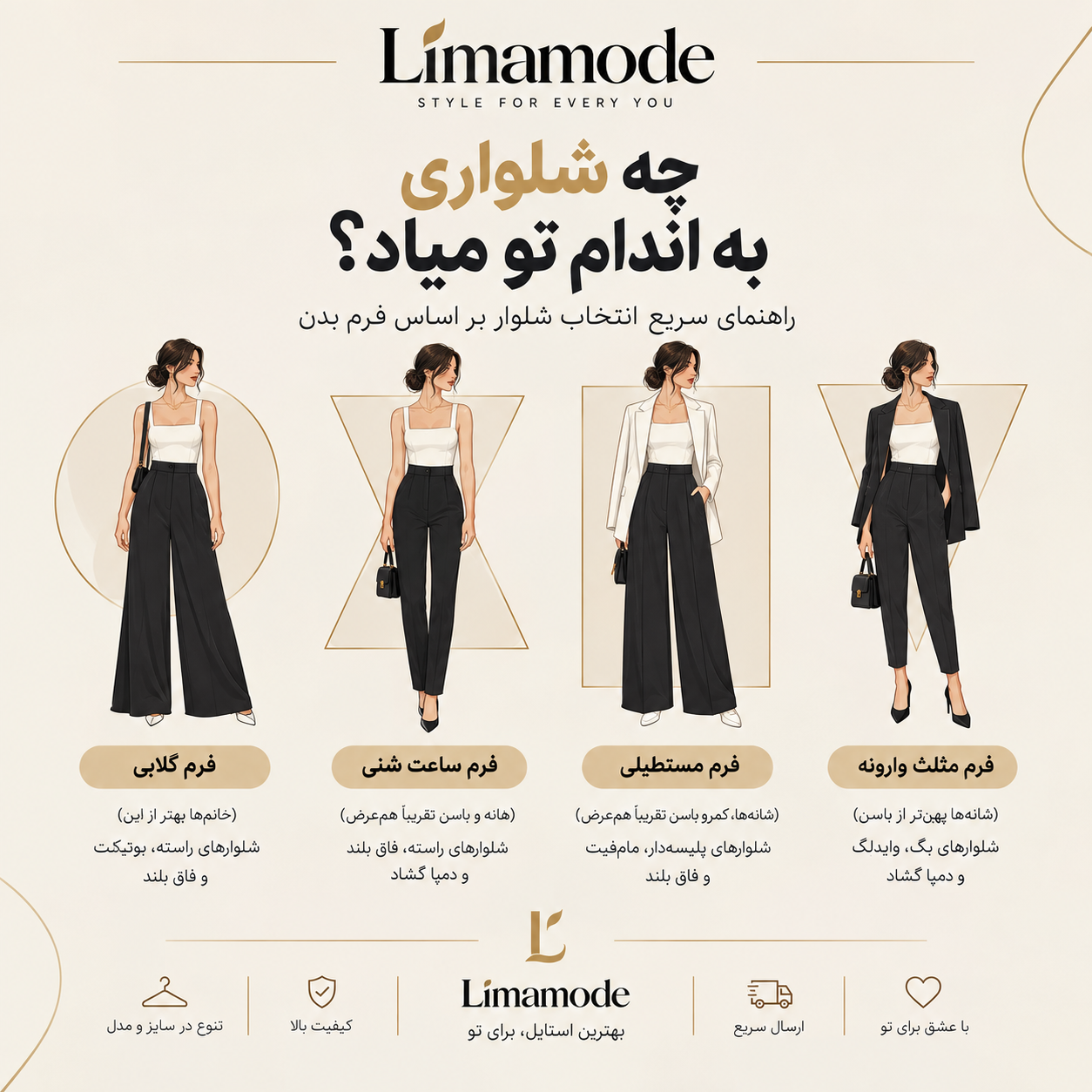 چه شلواری به اندام تو میاد؟ راهنمای انتخاب شلوار زنانه بر اساس فرم بدن