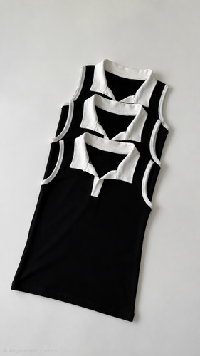 Women’s Ribbed Cotton Polo Collar Top – Black & White