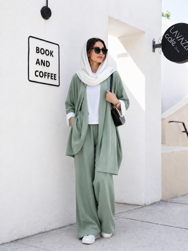 -Piece Women’s Shantung Set – Green Coat, Shirt & Pants