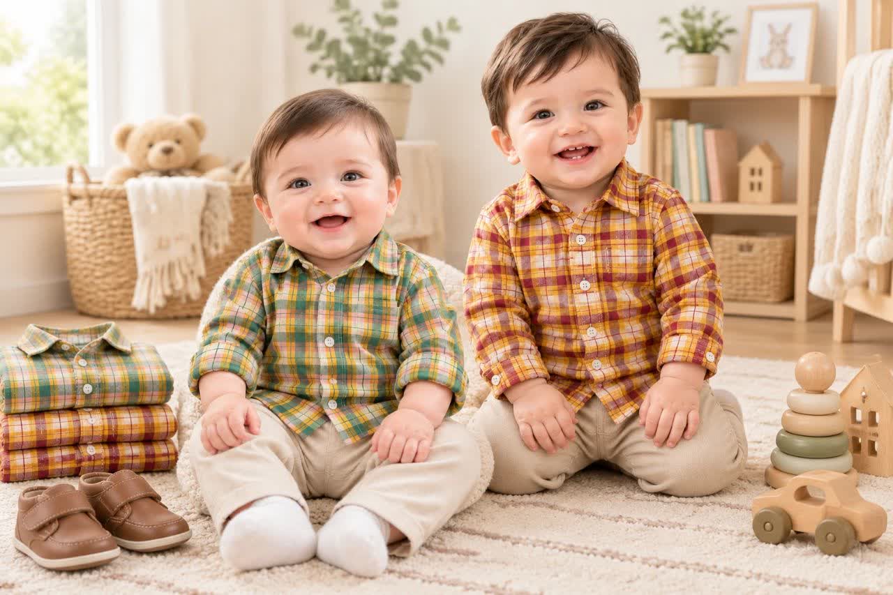 پیراهن چهارخانه کودک زارا کیدز در ترکیب رنگ سبز هلویی و خردلی