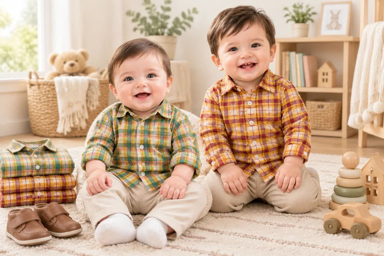 پیراهن چهارخانه کودک زارا کیدز در ترکیب رنگ سبز هلویی و خردلی