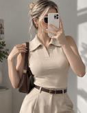 تاپ یقه شکاری زنانه نخ پنبه کبریتی کرم فری سایز ۳۶ تا ۴۲