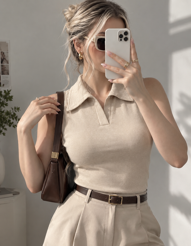 تاپ یقه شکاری زنانه نخ پنبه کبریتی کرم فری سایز ۳۶ تا ۴۲