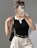 تاپ یقه شکاری مشکی سفید
