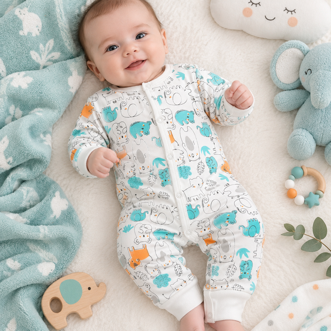 Baby Animal Print Cotton Romper – White Unisex Baby Jumpsuit عنوان سئو