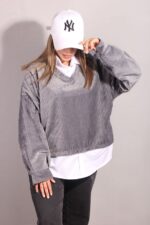 شومیز مخملی یقه دار طوسی