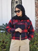 - تصویر کت پشمی چهارخونه قرمز مناسب سایز 36 تا 44.