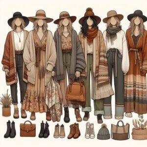  یک مدل در حال نمایش استایل بوهو با پیراهن بلند گل‌دار، کلاه لبه‌دار و اکسسوری‌های زیبا که نشان‌دهنده آزادی و راحتی این استایل است.