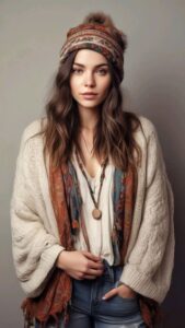 ک مدل در حال نمایش استایل بوهو با پیراهن بلند گل‌دار، کلاه لبه‌دار و اکسسوری‌های زیبا که نشان‌دهنده آزادی و راحتی این استایل است