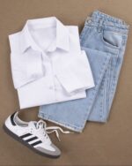 شومیز بیسیک - شومیز داکروان - خرید شومیز سفید - شومیز فری سایز - شومیز روزمره زنانه - خرید شومیز قسطی - شومیز بلند زنانه - استایل کژوال زنانه - خرید شومیز از لیمامد - شومیز با پارچه داکروان