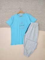 ست تیشرت و شلوار زنانه با طرح خرگوش و قلب، رنگ آبی پاستیلی، گلدوزی زیبا