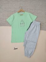 ست تیشرت و شلوار زنانه با طرح خرگوش و قلب، رنگ آبی پاستیلی، گلدوزی زیبا