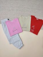 ست تیشرت و شلوار زنانه با طرح خرگوش و قلب، رنگ آبی پاستیلی، گلدوزی زیبا