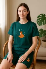 ست لباس خانگی زنانه, تیشرت و شلوارک سبز, ست راحتی طرح روباه, لباس خانگی دخترانه, ست تابستانی زنانه, لباس راحتی نخی, ست لباس خواب زنانه, لباس راحتی شیک, ست راحتی خنک, لباس خانگی با طرح فانتزی