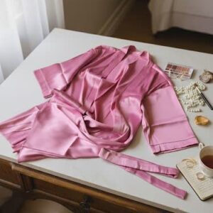 ربدوشامبر ساتن صورتی زنانه فری سایز تا 44 با جنس ساتن لطیف و طراحی شیک