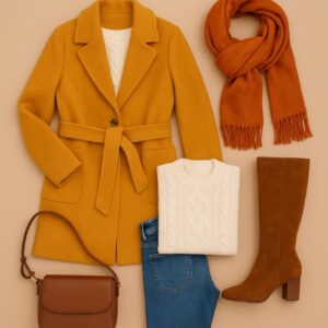 «خانم سایز بزرگ با استایل پاییزی شامل پالتو فوتر خردلی، بوت بلند قهوه‌ای و کیف چرم از مجموعه لباس پاییزی لیمامد – خرید اقساطی با اسنپ‌پی»