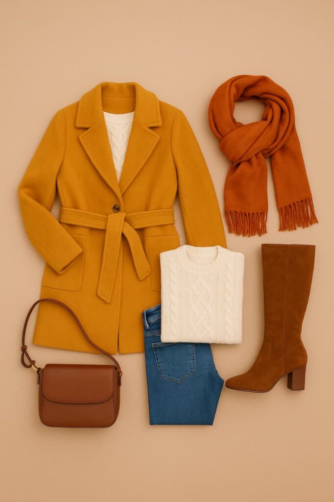 «خانم سایز بزرگ با استایل پاییزی شامل پالتو فوتر خردلی، بوت بلند قهوه‌ای و کیف چرم از مجموعه لباس پاییزی لیمامد – خرید اقساطی با اسنپ‌پی»