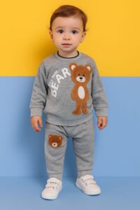 بلوز و شلوار طرح خرس ایستاده, ست اسپرت دخترانه, لباس راحتی ملانژ, خرید آنلاین بلوز و شلوار, ست خرس فانتزی, خرید چهارقسطه اسنپ‌پی, بلوز و شلوار طوسی, لباس روزمره اسپرت, ست اسپرت سایز ۳۵ و ۴۰, لباس ملانژ لاکرادار