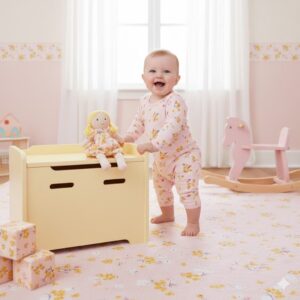 سرهمی نوزادی دخترانه صورتی تن یک دختر ۱۱ ماهه در اتاق بازی، ست شده با وسایل صورتی و اسباب‌بازی‌های کودکانه