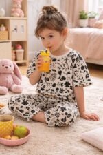 تیشرت و شلوار کراپ گل مشکی سایز 45 با پارچه لینن، طراحی شیک و راحت برای کودکان، مناسب بازی و استفاده روزمره